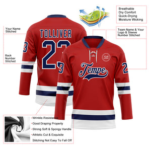 Custom Red Navy-White Hockey Lace Neck Jersey