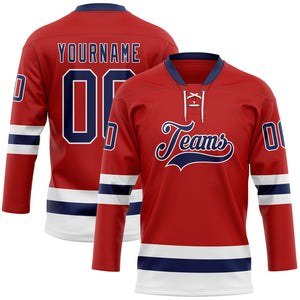 Custom Red Navy-White Hockey Lace Neck Jersey