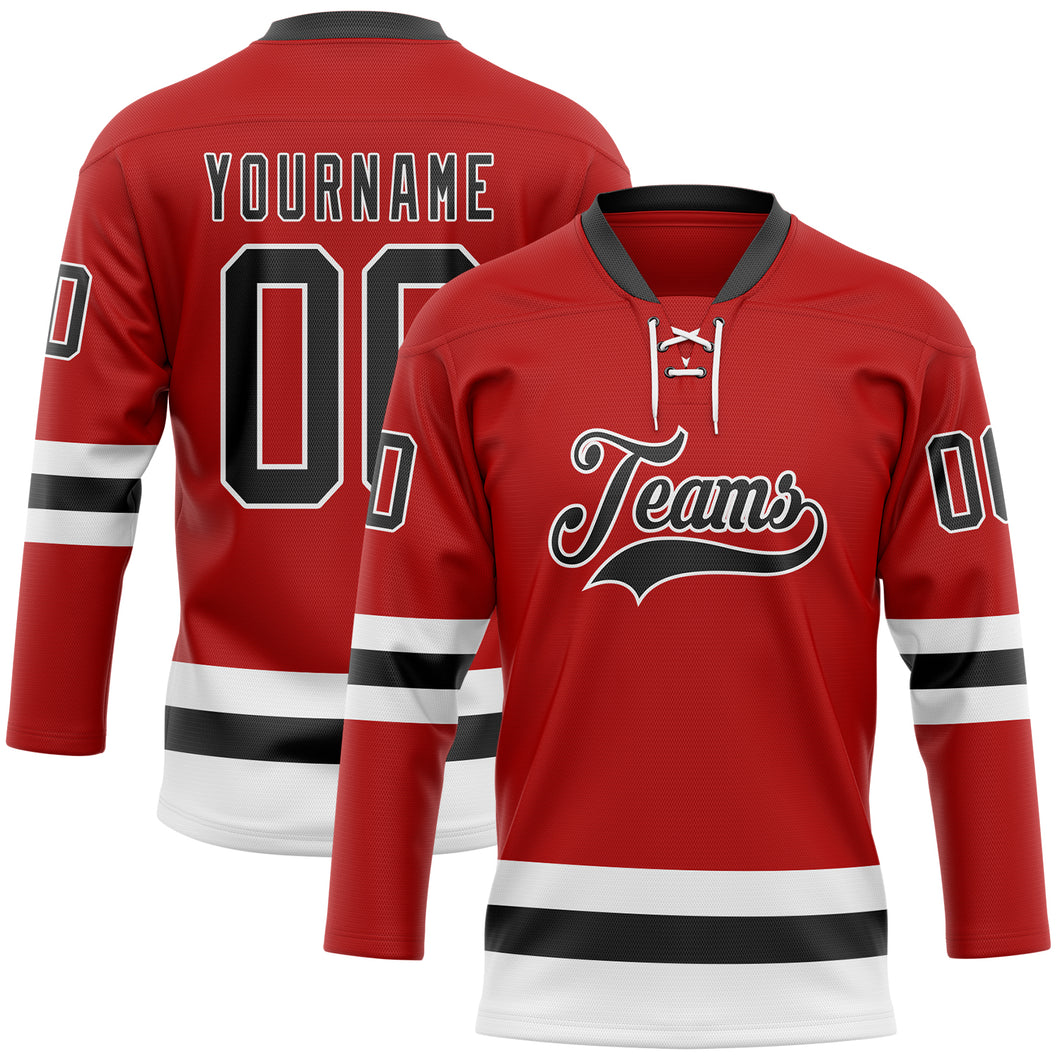 Custom Red Black-White Hockey Lace Neck Jersey