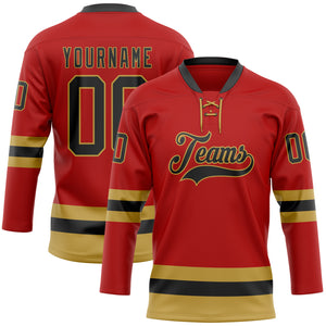 Custom Red Black-Old Gold Hockey Lace Neck Jersey