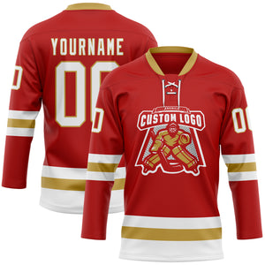 Custom Red White-Old Gold Hockey Lace Neck Jersey