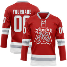 Загрузить изображение в средство просмотра галереи, Custom Red White-Gray Hockey Lace Neck Jersey
