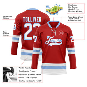 Custom Red White-Light Blue Hockey Lace Neck Jersey