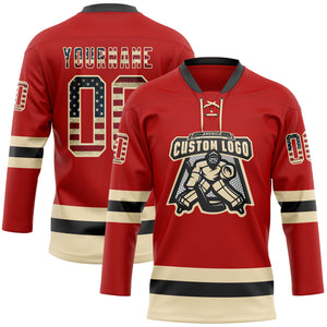 Custom Red Vintage USA Flag Cream-Black Hockey Lace Neck Jersey