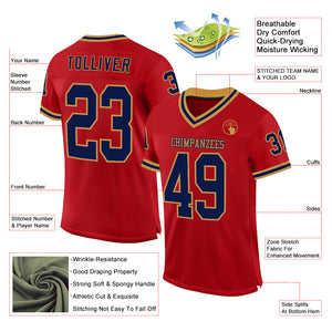 Custom Red Navy-Old Gold Mesh Authentic Throwback Football Jersey