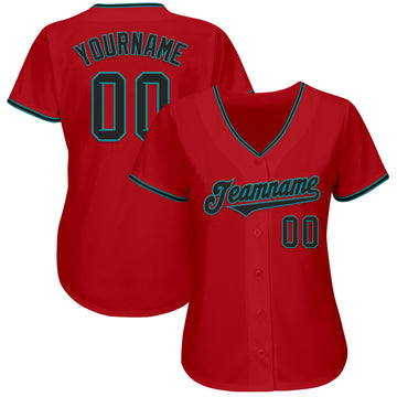 Custom Red Black-Teal Authentic Baseball Jersey