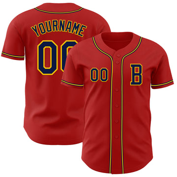 Custom Red Navy-Yellow Authentic Baseball Jersey