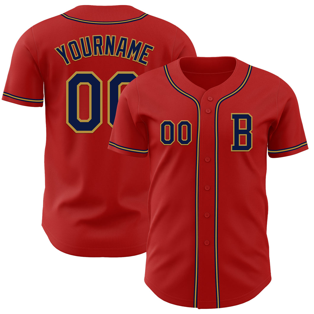 Custom Red Navy-Old Gold Authentic Baseball Jersey