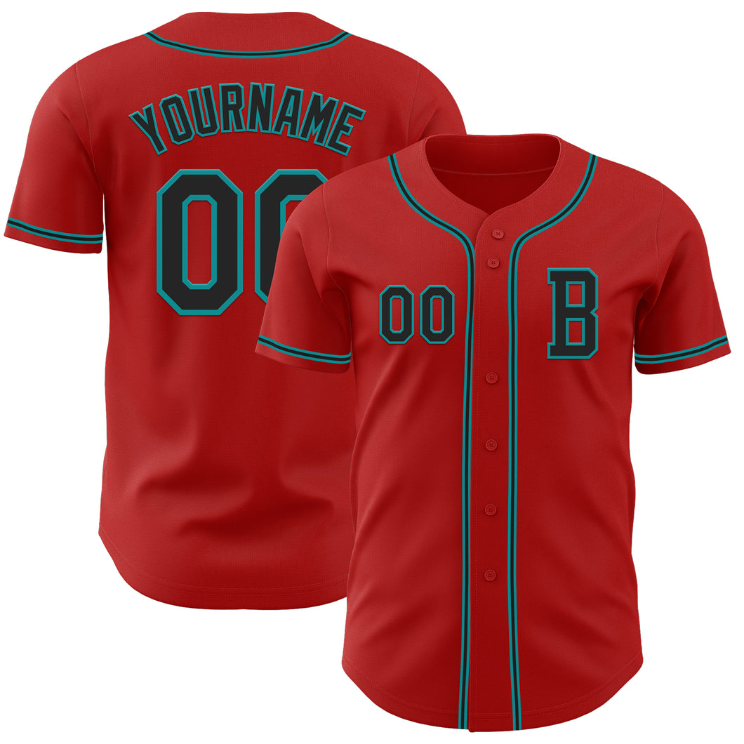 Custom Red Black-Teal Authentic Baseball Jersey