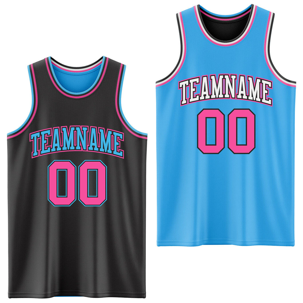 Custom Reversible Black Pink-Sky Blue Double Side Authentic Basketball Jersey