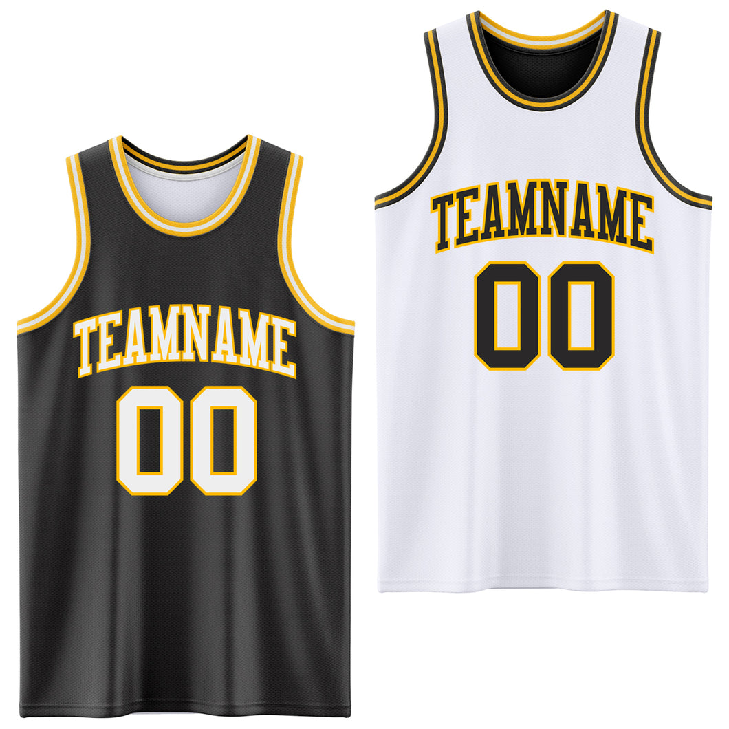 Custom Reversible Black White-Gold Double Side Authentic Basketball Jersey