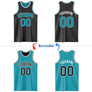 Custom Reversible Black Teal-White Double Side Authentic Basketball Jersey