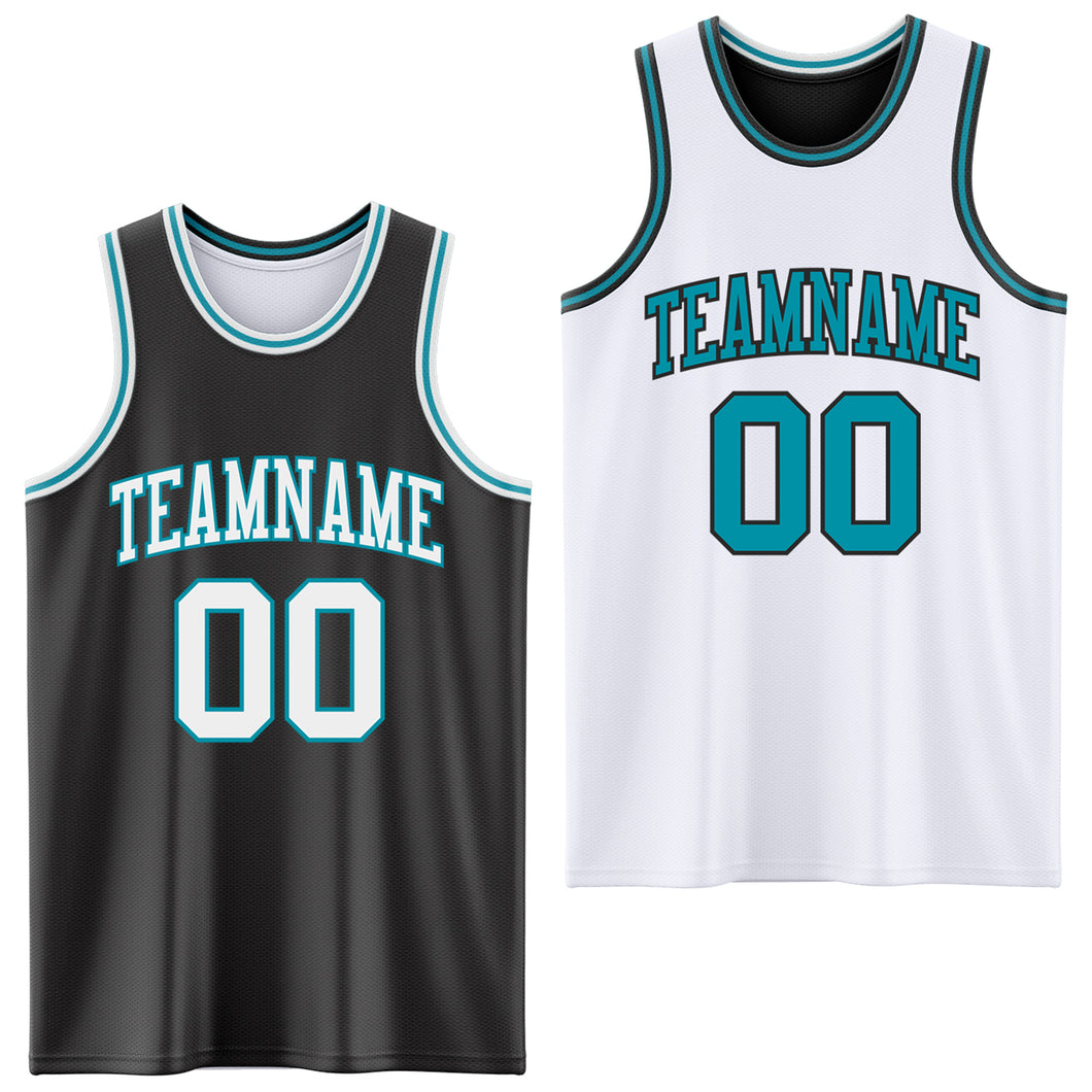 Custom Reversible Black White-Teal Double Side Authentic Basketball Jersey