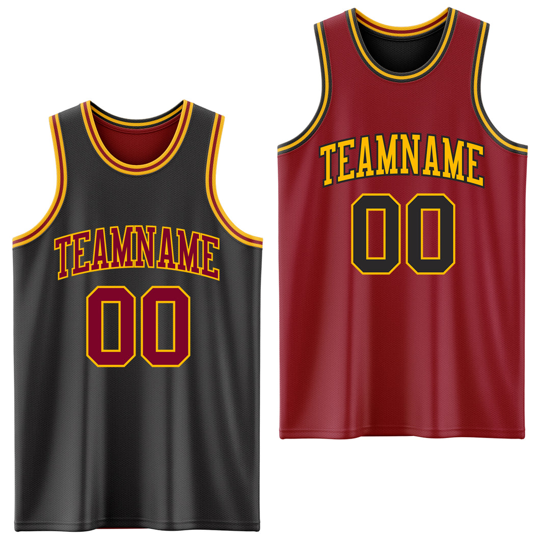 Custom Reversible Black Maroon-Gold Double Side Authentic Basketball Jersey