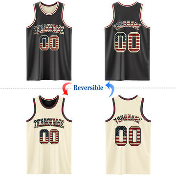 Custom Reversible Black Vintage USA Flag Cream-Maroon Double Side Basketball Jersey