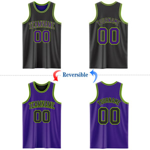 Custom Reversible Black Purple-Neon Green Double Side Authentic Basketball Jersey