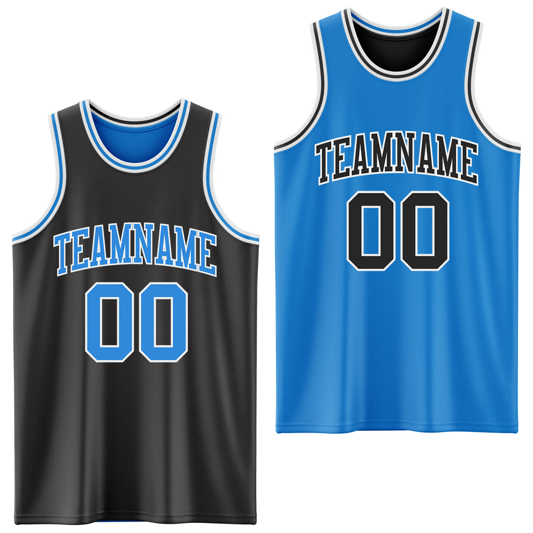 Custom Reversible Black Powder Blue-White Double Side Authentic Basketball Jersey