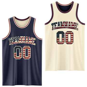 Custom Navy Vintage USA Flag Cream-Maroon Reversible Double Side Basketball Jersey