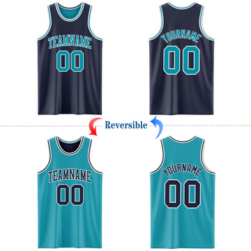 Custom Navy Teal-White Reversible Double Side Basketball Jersey