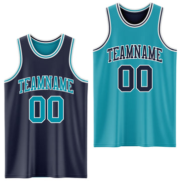 Custom Navy Teal-White Reversible Double Side Basketball Jersey