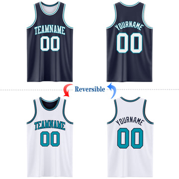 Custom Navy White-Teal Reversible Double Side Basketball Jersey