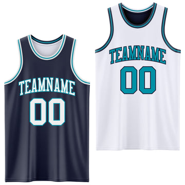 Custom Navy White-Teal Reversible Double Side Basketball Jersey