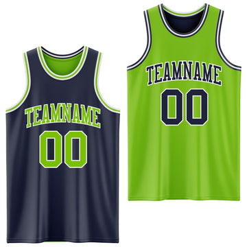 Custom Navy Neon Green-White Reversible Double Side Basketball Jersey