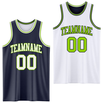 Custom Navy White-Neon Green Reversible Double Side Basketball Jersey