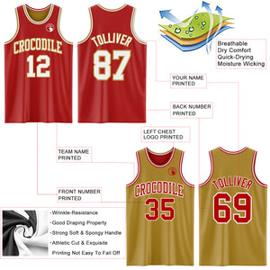 Custom Red White-Old Gold Reversible Double Side Basketball Jersey