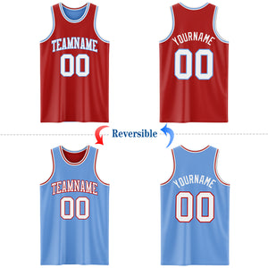 Custom Red White-Light Blue Reversible Double Side Basketball Jersey