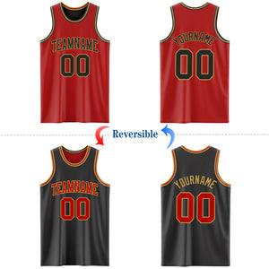 Custom Red Black-Old Gold Reversible Double Side Basketball Jersey