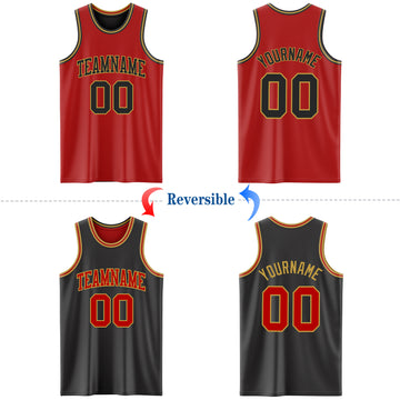 Custom Red Black-Old Gold Reversible Double Side Basketball Jersey