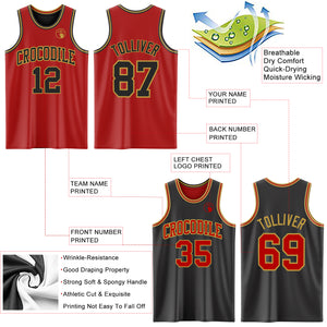 Custom Red Black-Old Gold Reversible Double Side Basketball Jersey