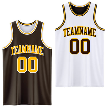 Custom Brown Gold-White Reversible Double Side Basketball Jersey