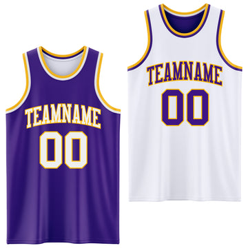 Custom Purple White-Gold Reversible Double Side Basketball Jersey