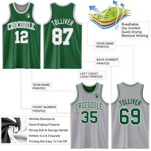 Custom Reversible Kelly Green White-Gray Double Side Basketball Jersey