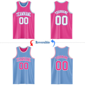 Custom Reversible Pink White-Light Blue Double Side Basketball Jersey