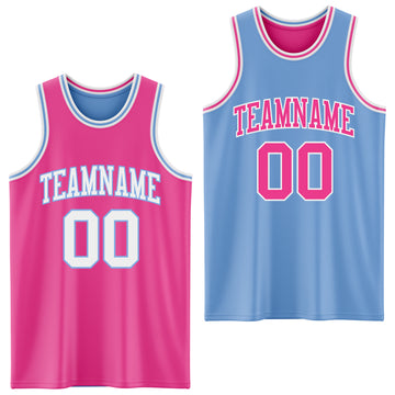 Custom Reversible Pink White-Light Blue Double Side Basketball Jersey