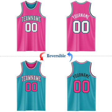 Custom Reversible Pink Black-Teal Double Side Basketball Jersey