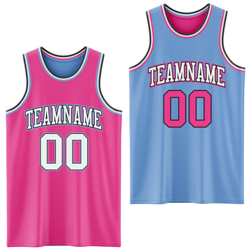 Custom Reversible Pink Black-Light Blue Double Side Basketball Jersey