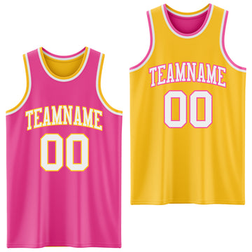 Custom Reversible Pink White-Gold Double Side Basketball Jersey