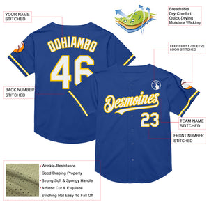 Custom Royal White-Yellow Mesh Authentic Throwback Baseball Jersey