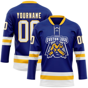 Custom Royal White-Gold Hockey Lace Neck Jersey