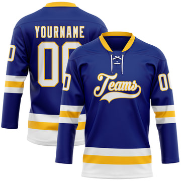 Custom Royal White-Gold Hockey Lace Neck Jersey