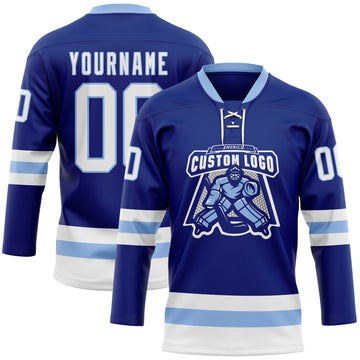 Custom Royal White-Light Blue Hockey Lace Neck Jersey