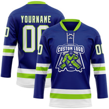 Загрузить изображение в средство просмотра галереи, Custom Royal White-Neon Green Hockey Lace Neck Jersey
