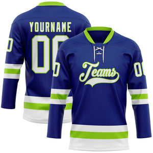 Custom Royal White-Neon Green Hockey Lace Neck Jersey