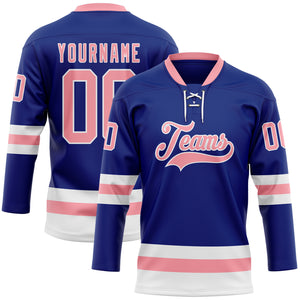 Custom Royal Medium Pink-White Hockey Lace Neck Jersey