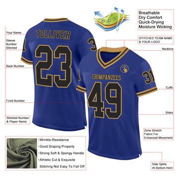 Custom Royal Black-Old Gold Mesh Authentic Throwback Football Jersey