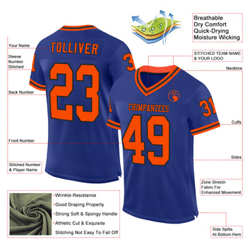 Custom Royal Orange-Black Mesh Authentic Throwback Football Jersey